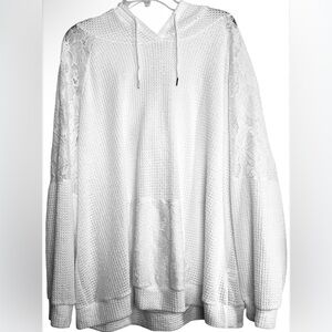 Women’s White Waffle Knit Hoodie W/ Hollow Lace Sleeves Size 5XL